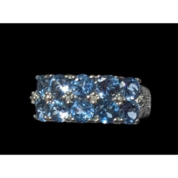 Blue And Clear Gemmed Double Row Silver Tone Ring Size 5 3/4 - Picture 10 of 16